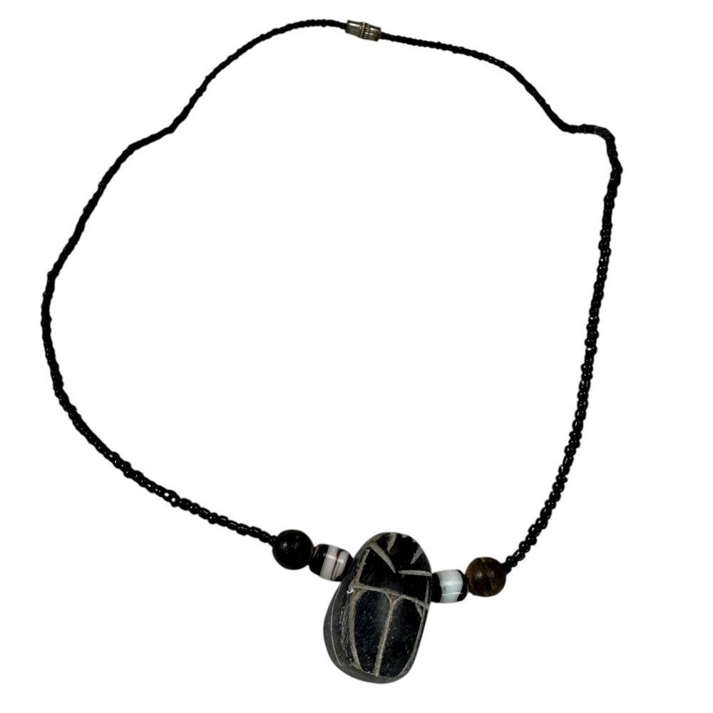 Vintage Egyptian Black Basalt Beetle Beaded Necklace